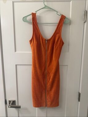 Tank top dress velvet Orange Zip-Front Ribbed Bodycon Dress